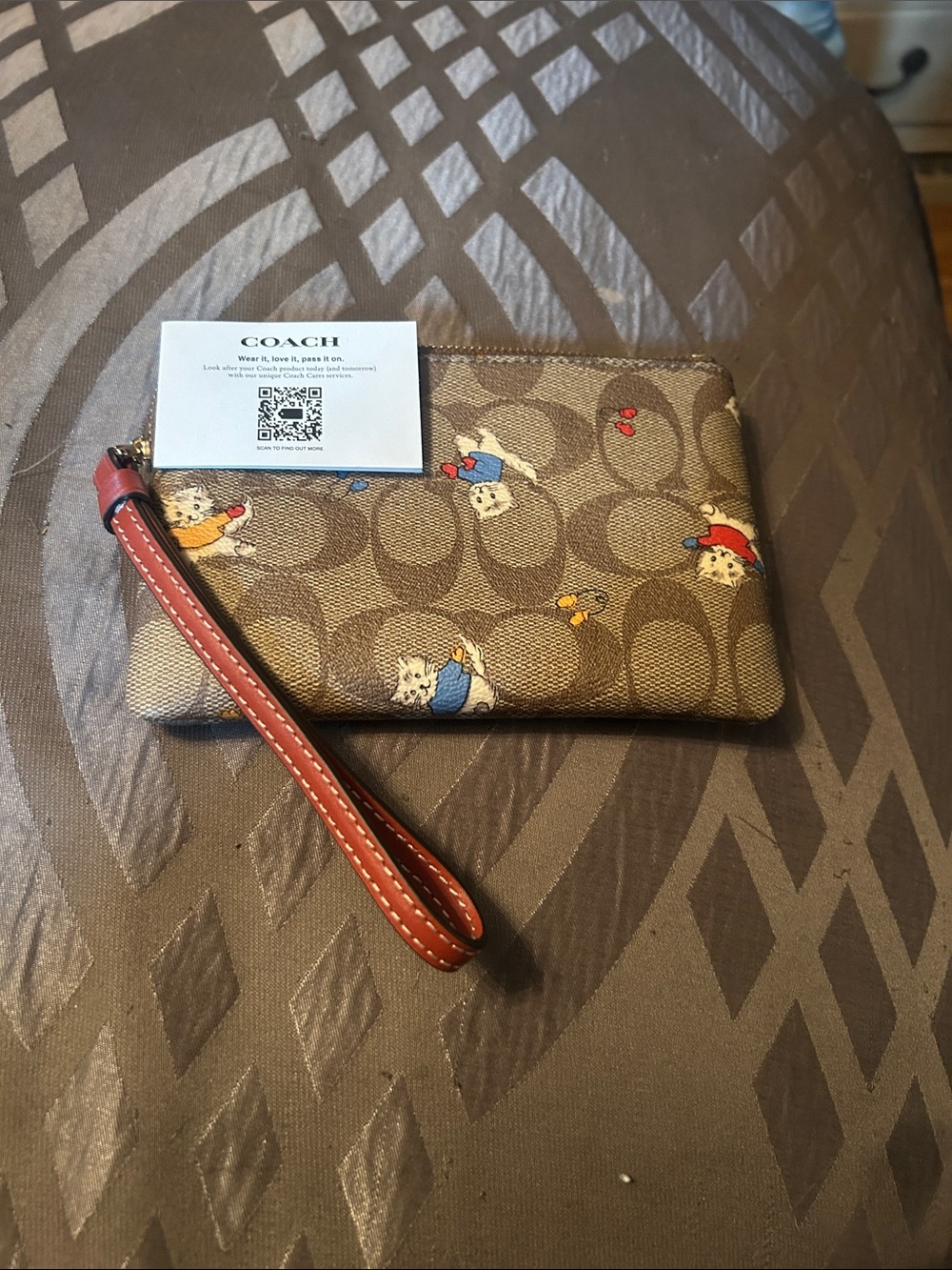 Coach Brown Signature Canvas Wristlet with Red Strap and Multicolor Print